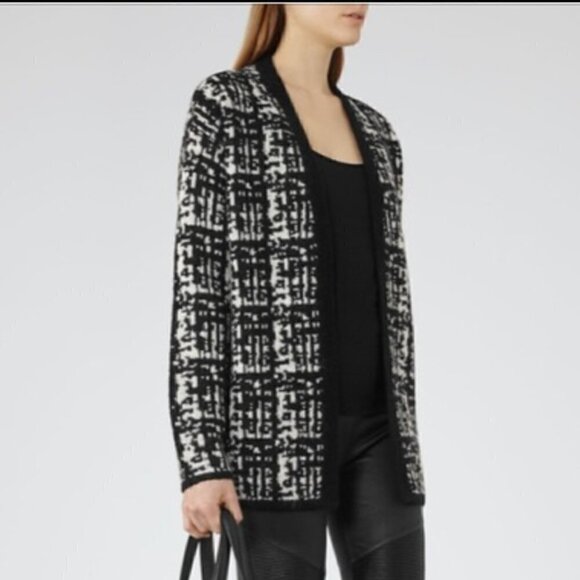 Reiss Nico Cardigan Textured Black White Abstract Intarsia Knit Open Front Large - Picture 2 of 11